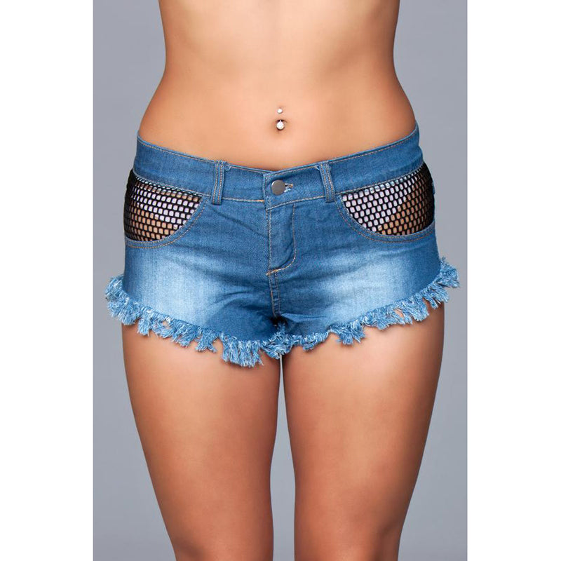 Denim Shorts With Fishnet Top Trimming Frindge Bottom Black Small Packaging Hanging